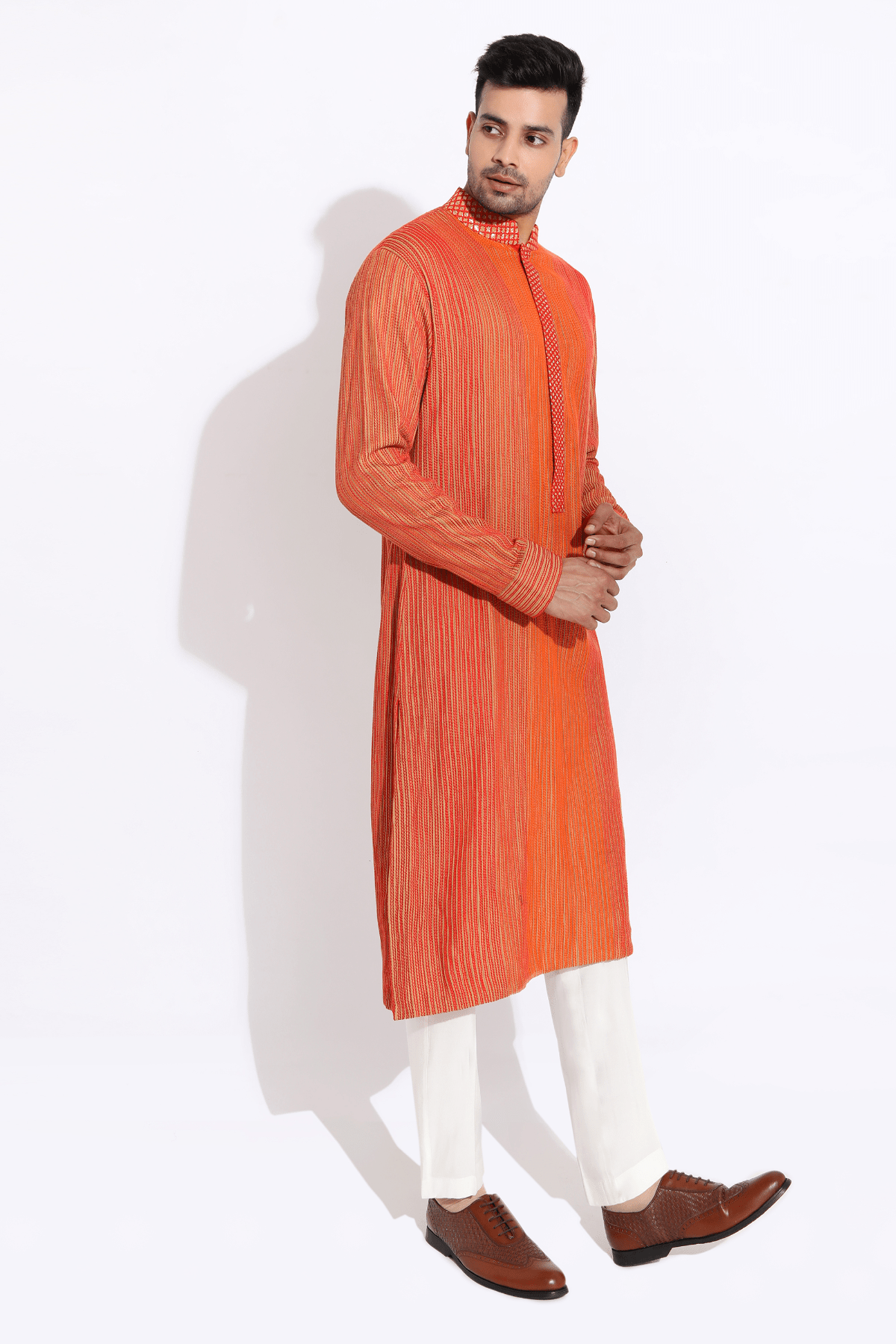 Orange on beige textured kurta set - Kunal Anil Tanna