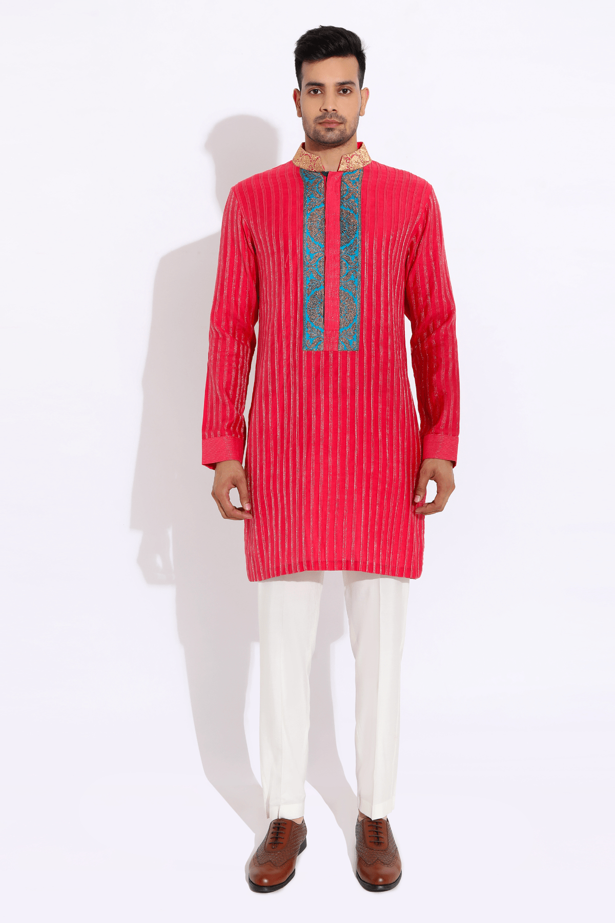 Pink textured kurta with brocade collar and pyjama - Kunal Anil Tanna