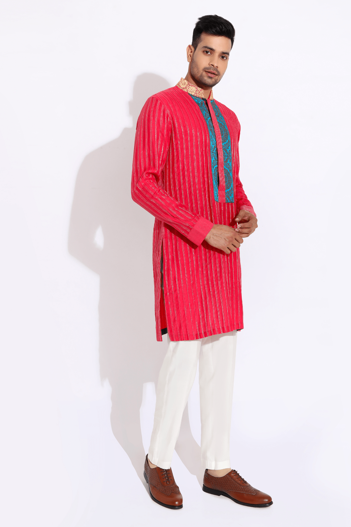 Pink textured kurta with brocade collar and pyjama - Kunal Anil Tanna