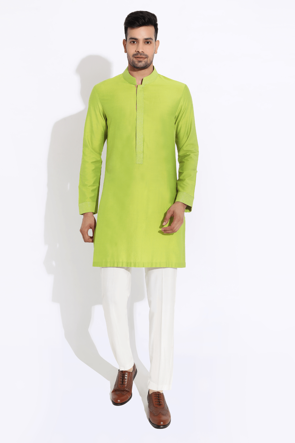 Lime green bandi, green Short kurta,off-white aligarhi - Kunal Anil Tanna