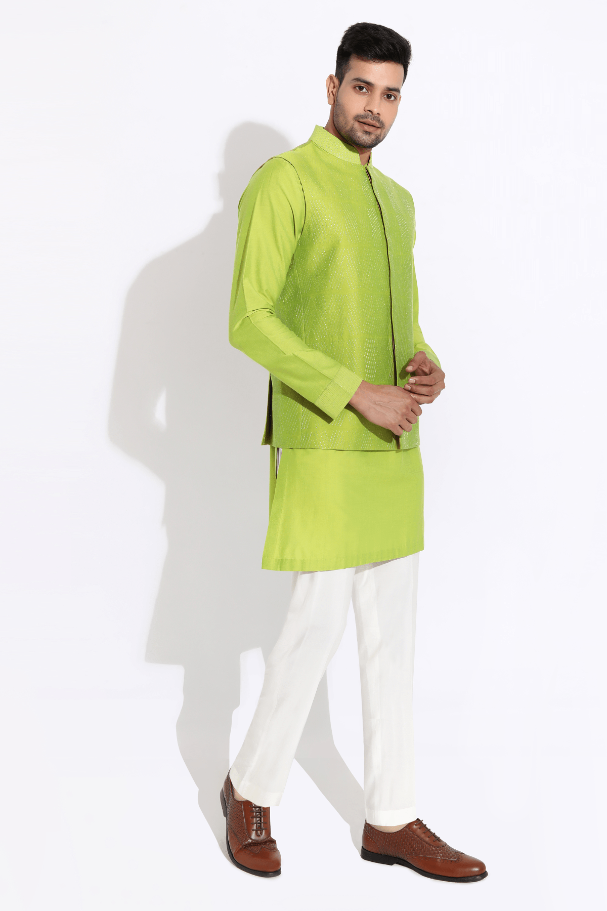 Lime green bandi, green Short kurta,off-white aligarhi - Kunal Anil Tanna