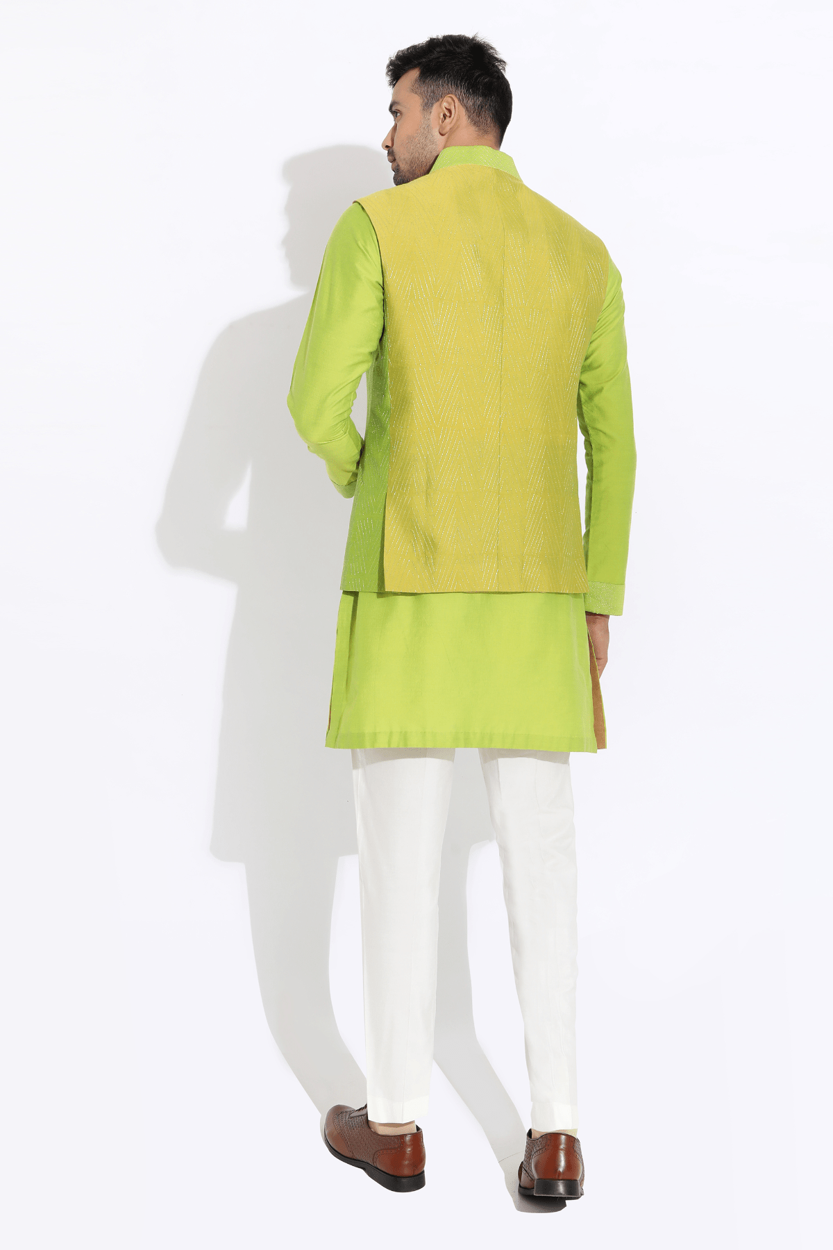 Lime green bandi, green Short kurta,off-white aligarhi - Kunal Anil Tanna