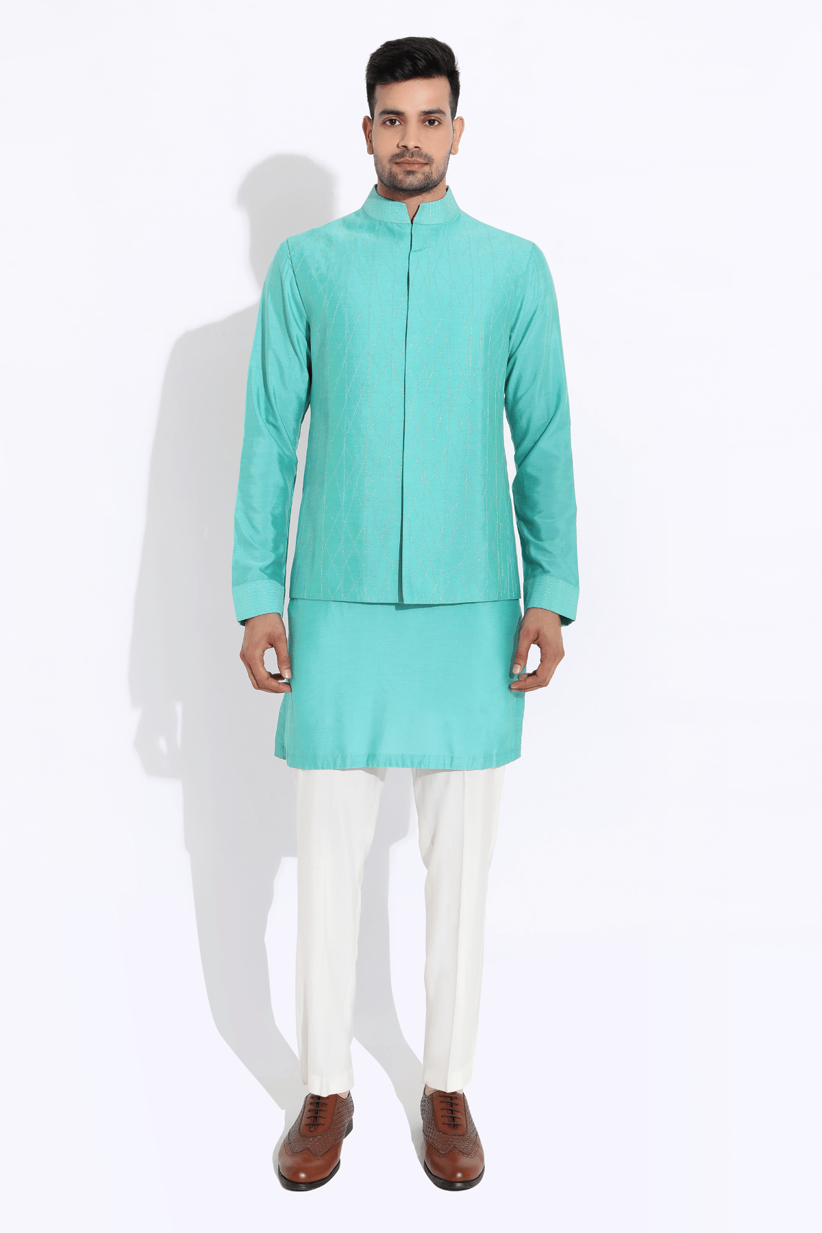 Aqua bandi jacket,Aqua kurta,off-white aligarhi - Kunal Anil Tanna