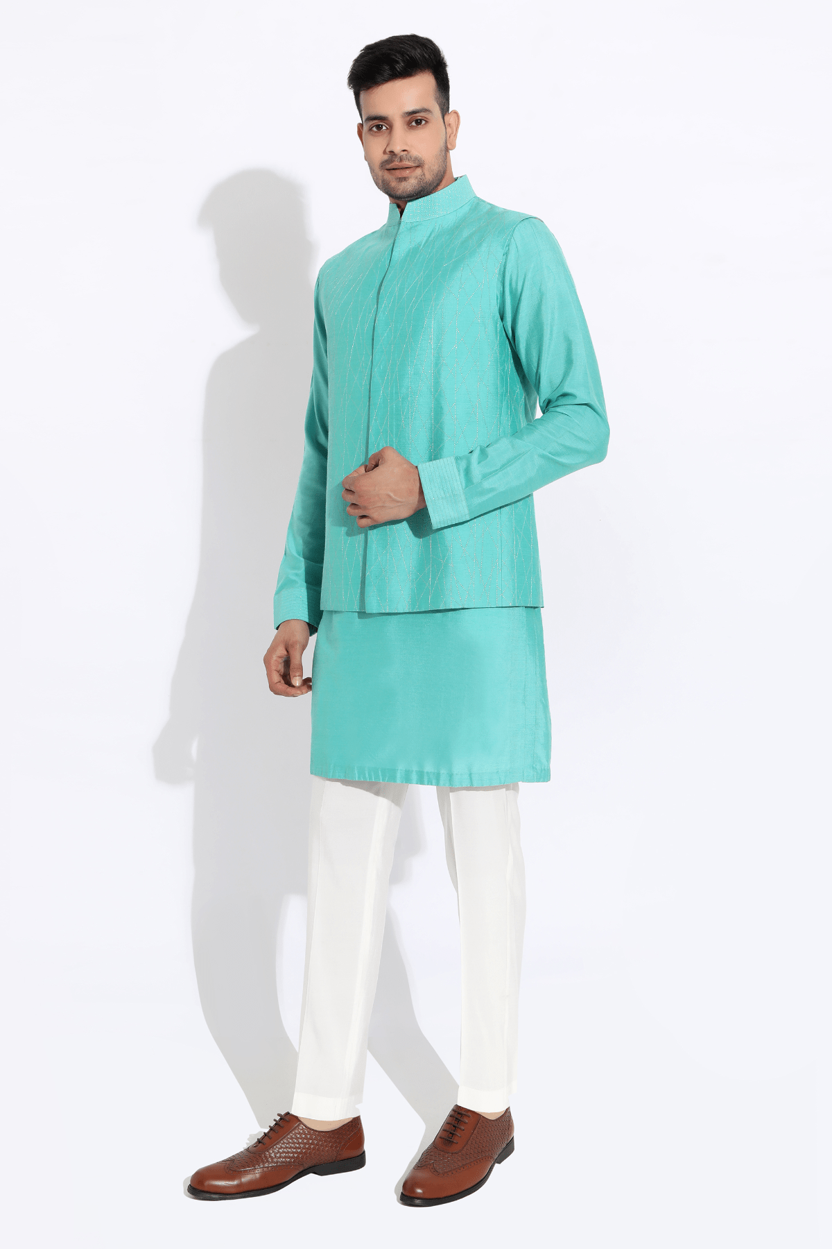 Aqua bandi jacket,Aqua kurta,off-white aligarhi - Kunal Anil Tanna