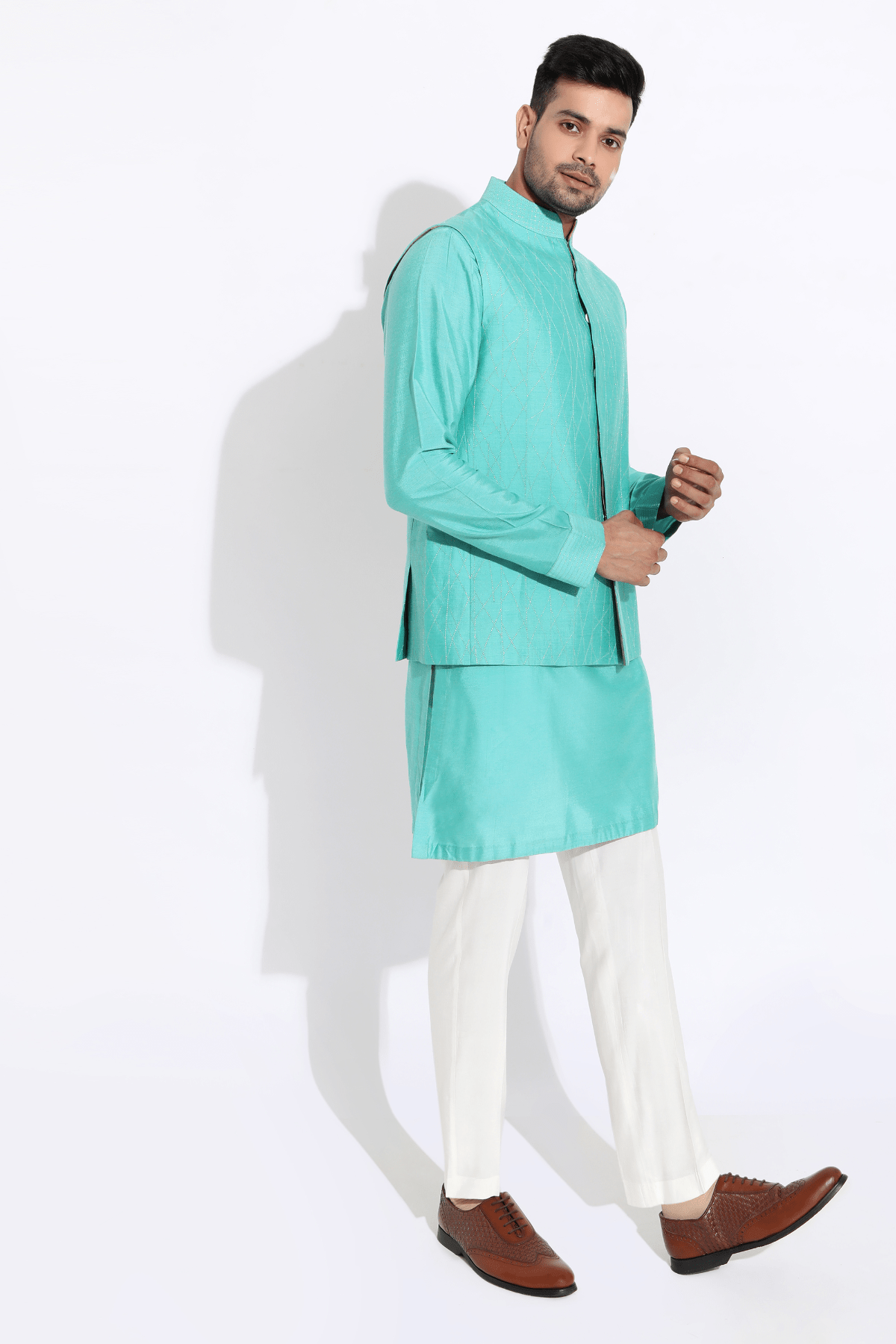 Aqua bandi jacket,Aqua kurta,off-white aligarhi - Kunal Anil Tanna